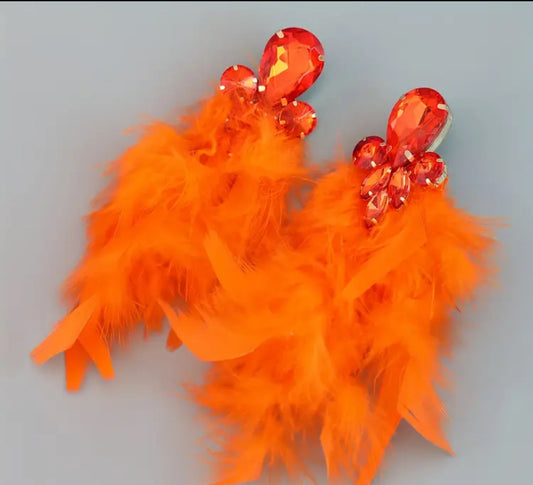 Orange Exaggerated Feather Design Shiny Rhinestone Decor Dangle Earrings